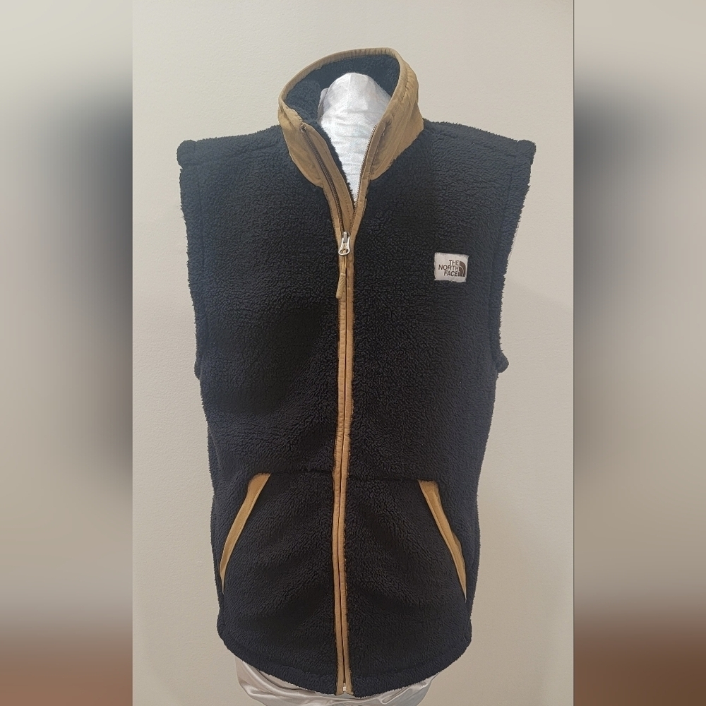 MEN'S THE NORTH FACE BLACK FLEECE VEST WITH TAN TRIM (sz Small)